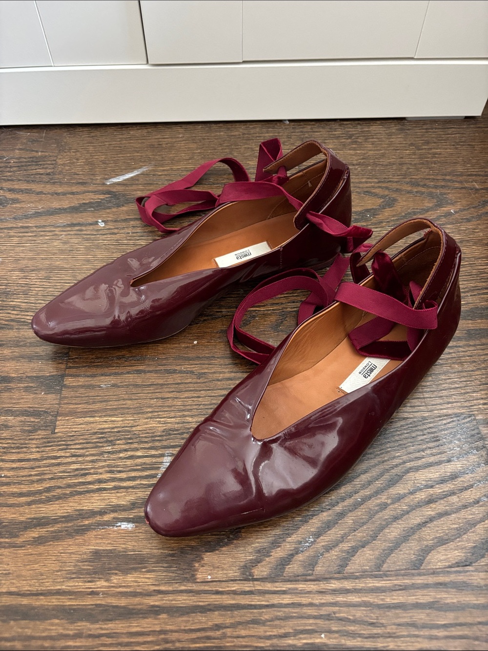 Miista Burgundy Patent Ballet Flats with Ribbon Ties